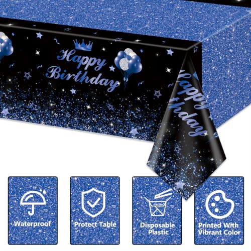 Image of 4 Pcs Happy Birthday Black and Blue Party Tablecloths - Blue Black Party Decorations Plastic Tablecloth Rectangular Table Covers for Boy Girl Baby Shower Birthday Table Supplies, 51 x 86.6 Inch