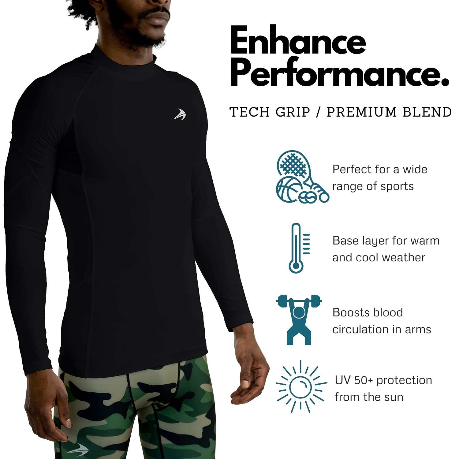 Men's Long Sleeve Compression Shirt - Athletic Running Workout Gym Baselayer Black