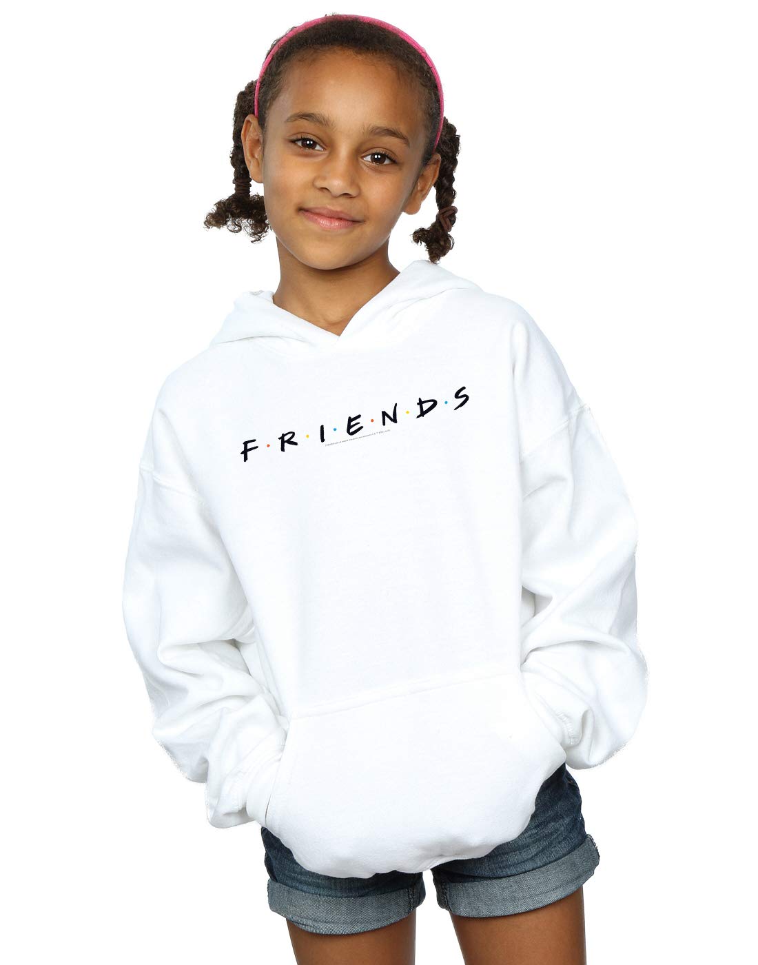 Absolute Cult Girls White Official Licensed Ac/Dc Friends Text Logo Hoodie - Soft Fleece Pullover Hoodie, Front Graphic Print, Hooded Sweatshirt, Kangaroo Pocket, Fan Gift,