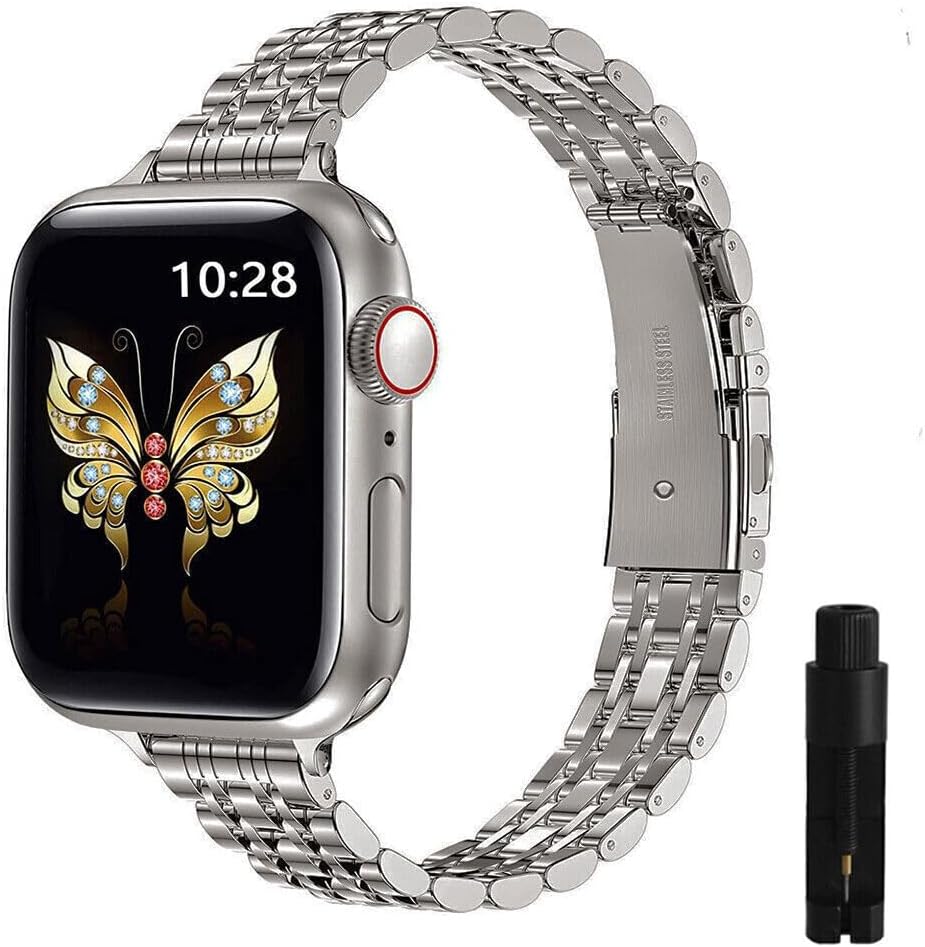 Generic Compatible with iWatch 38mm/40mm/41mm (Color: Vintage Silver Women Slim Band Metal Strap case