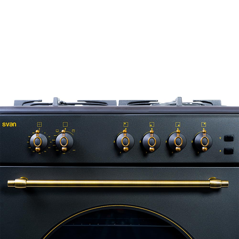 Svan Cocina Gas Butano 4 Zonas de Cocción, Horno 59 L, Rústico negro SKGW4600RN. Control Manual, Quemador WOK triple llama, 2 Programas de Cocción, Cristal en Puerta de Doble Capa, Tapa Abatible