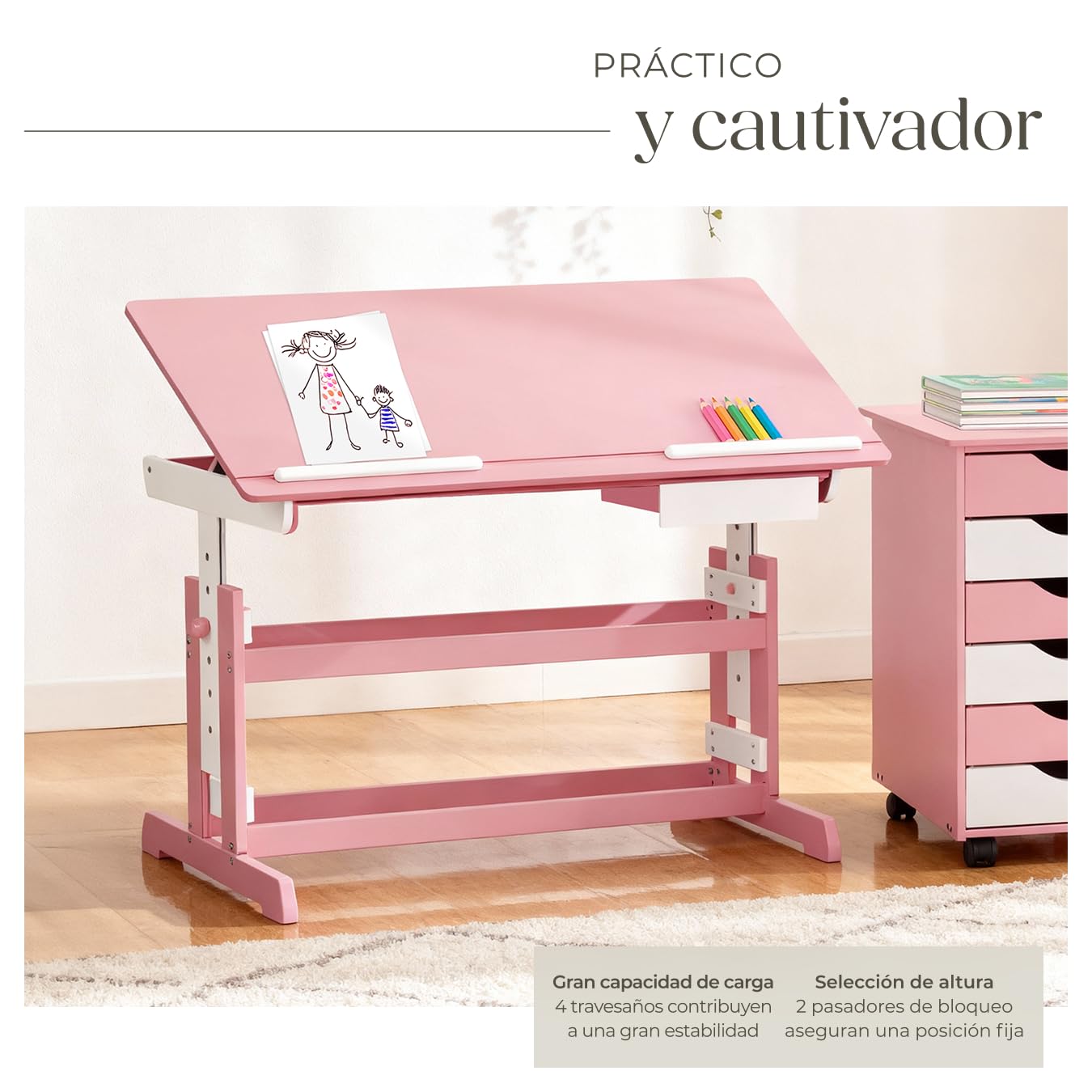 tectake® Escritorio Madera, Escritorio Elevable en 7 Posiciones, Tablero Inclinable, Cajón, Bordes Redondeados, Mesa Escritorio, Mesa de Estudio, Escritorio Infantil, Mesa Infantil - Rosa