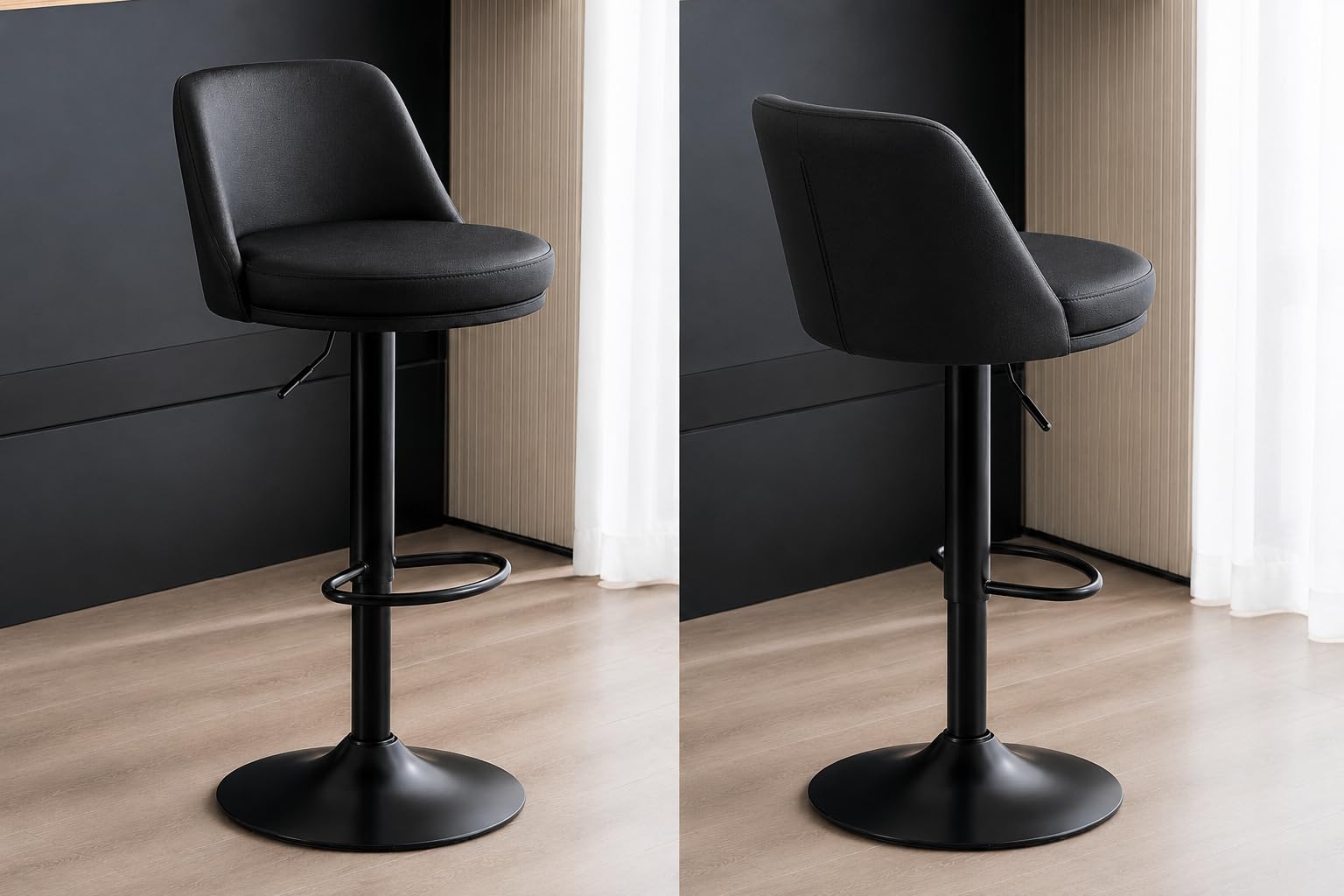creative black adjustable bar stool | rexin swivel bar chair with metal base for kitchen, home & bar use | 1.37 feet seating height | modern counter stool | qty 2 (black)
