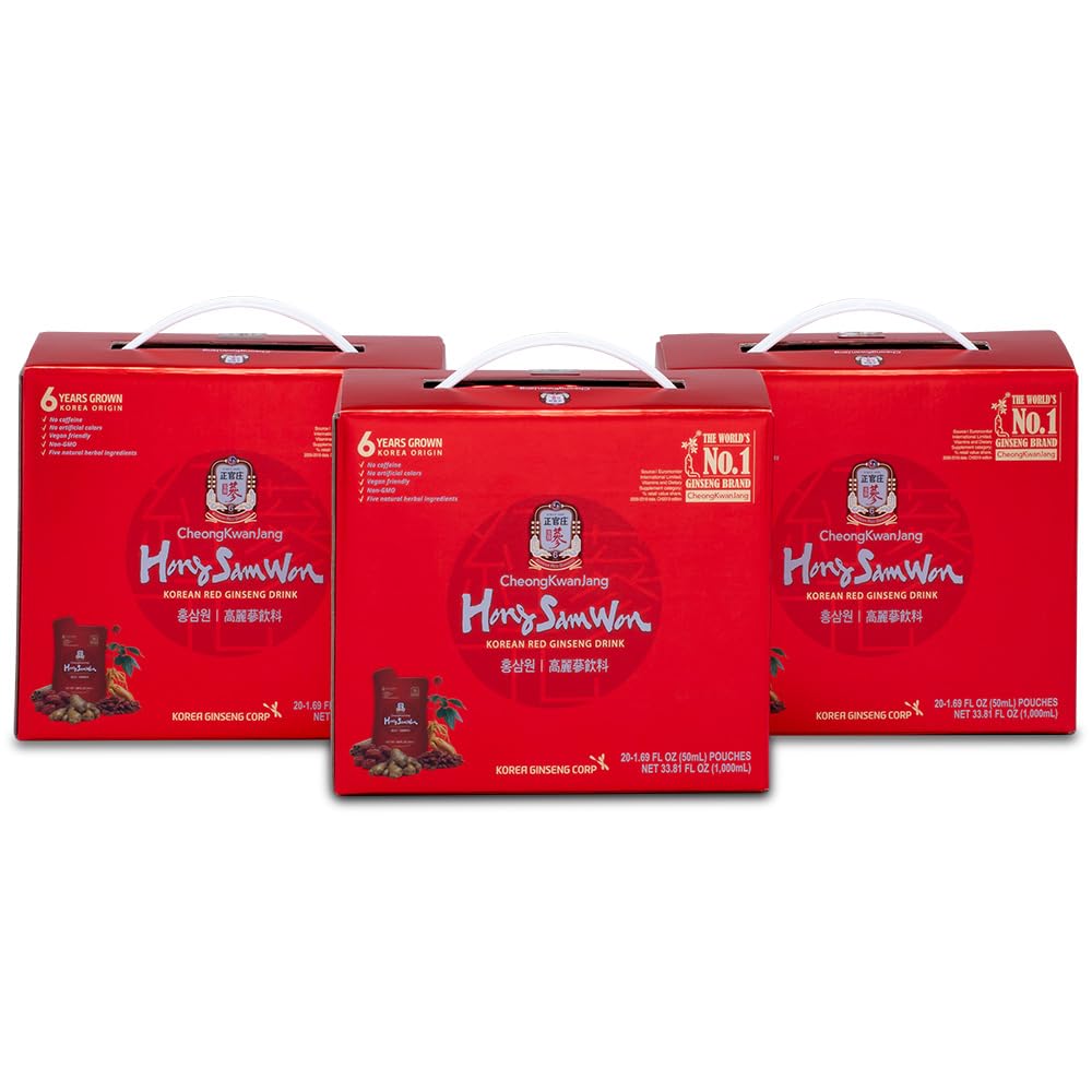 CheongKwanJang Korean Red Ginseng Drink with Ginger Extract, Goji Berry, Cinnamon, Asian Herbal Tea Pre Workout Energy Booster Drinks Hong Sam Won Increase Productivity, Circulation - 60 Pouches