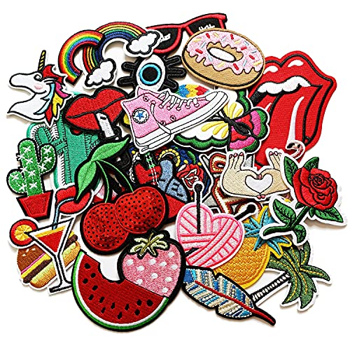 CZorange 32pcs Embroidered Patch Sew On/Iron On Patches Applique Accessories Assorted Size Decoration Patches for DIY Jeans Jacket Clothing Handbag Shoes Caps