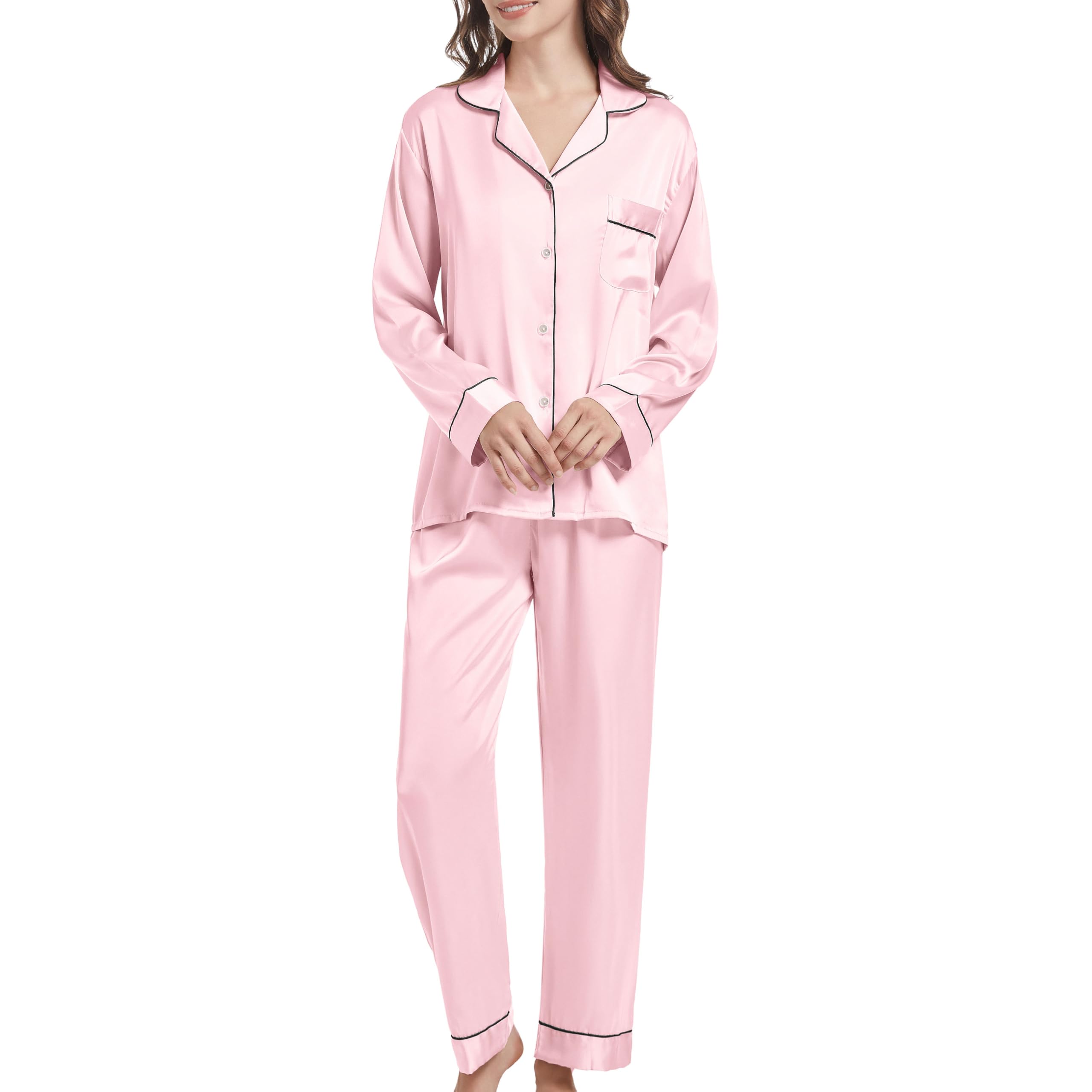 JCQIGOA Seta Donna Pigiama a Maniche Lunghe Set Pigiama Donna Lungo Set Pezzi Loungewear Pigiama da Notte Lungo Pigiama da Notte