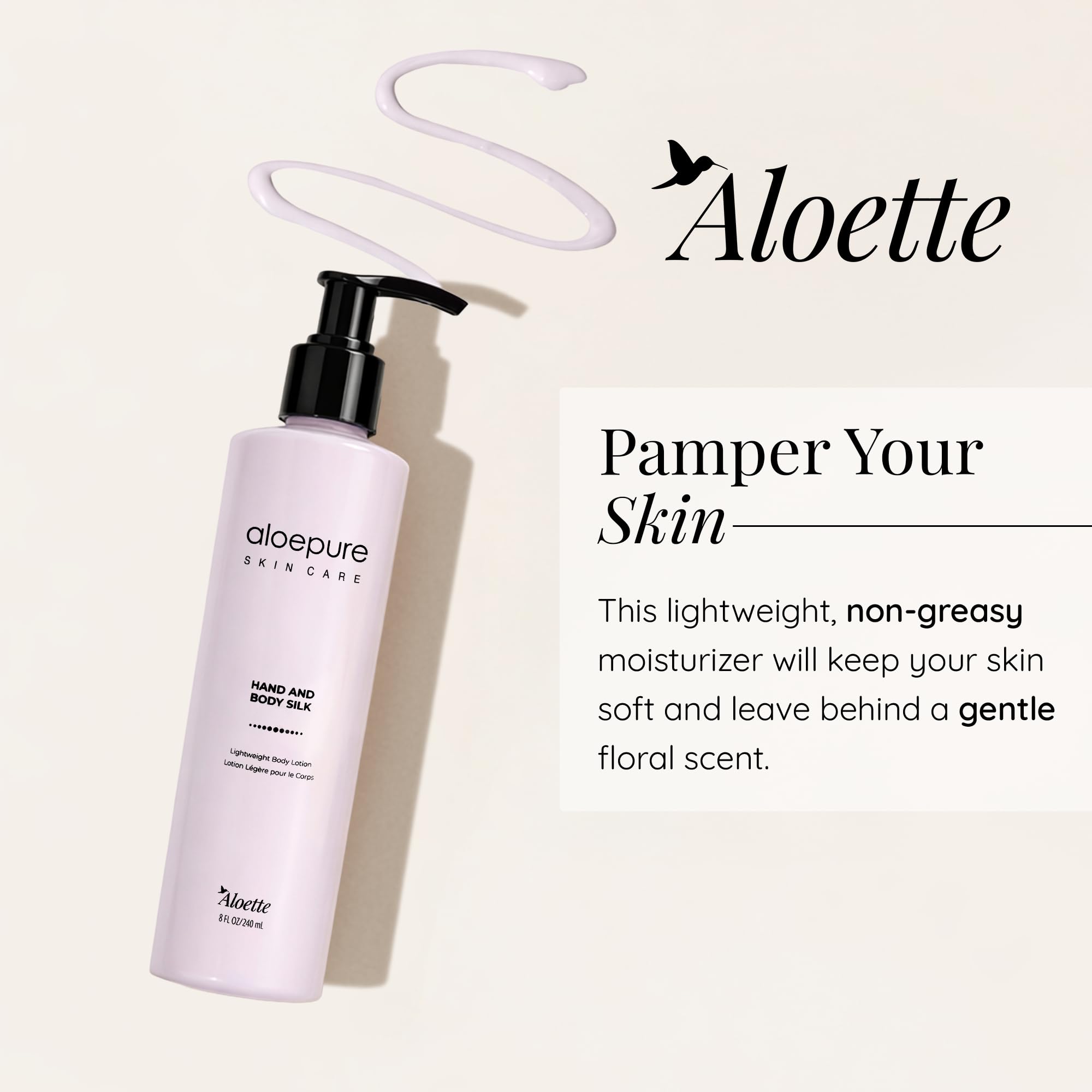 Aloette Hand & Body Silk Lotion - Lightweight & Gentle Moisturizer Body Lotion for Women & Men - Floral Scent Hydrating Skin Care with Aloe Vera Extract for Soft & Smooth Skin - 8 Fl Oz