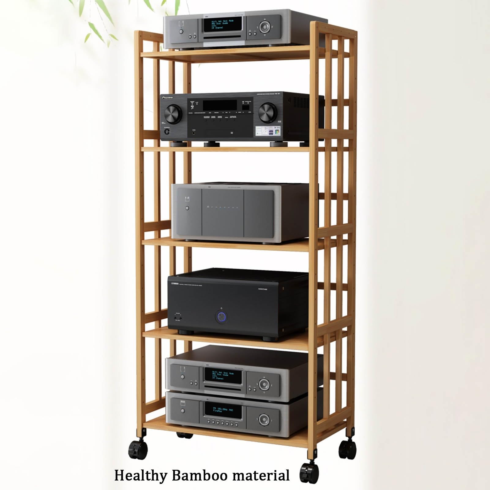 Stojak na Media z Bambusa, 2/3/4/5 Poziomów, Stojak na Sprzęt Audio, Regulowane Półki, Ruchoma Stojak na Drukarkę, Stojak do Przechowywania Komponentów Stereo(5 tier 60x38x158CM)