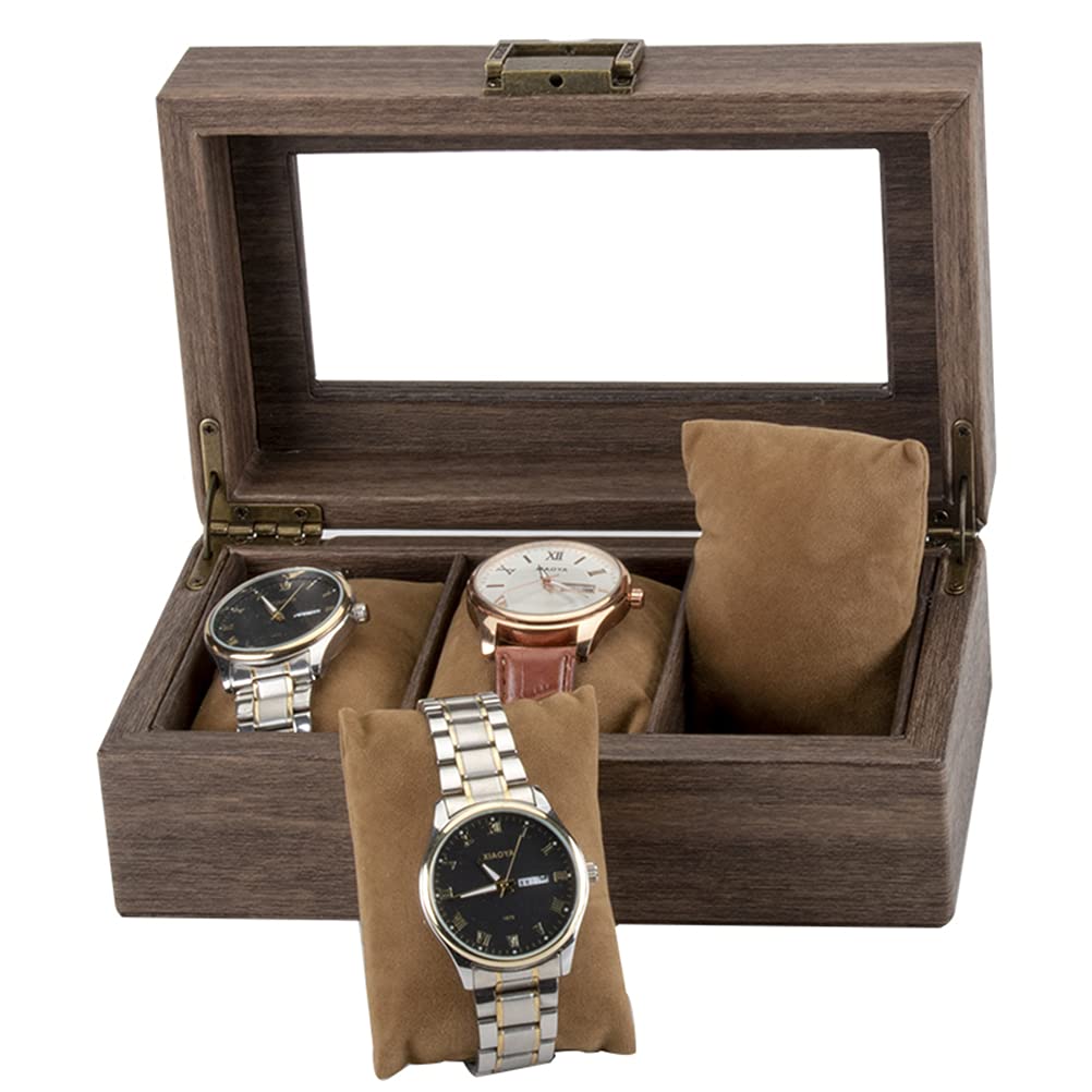 ACMHNC Uhrenbox mit 3 Fächern, Uhrenkasten aus PU Leder, Uhren Aufbewahrungsbox mit Transparent Glasdeckel und Abnehmbare Samt Kissen