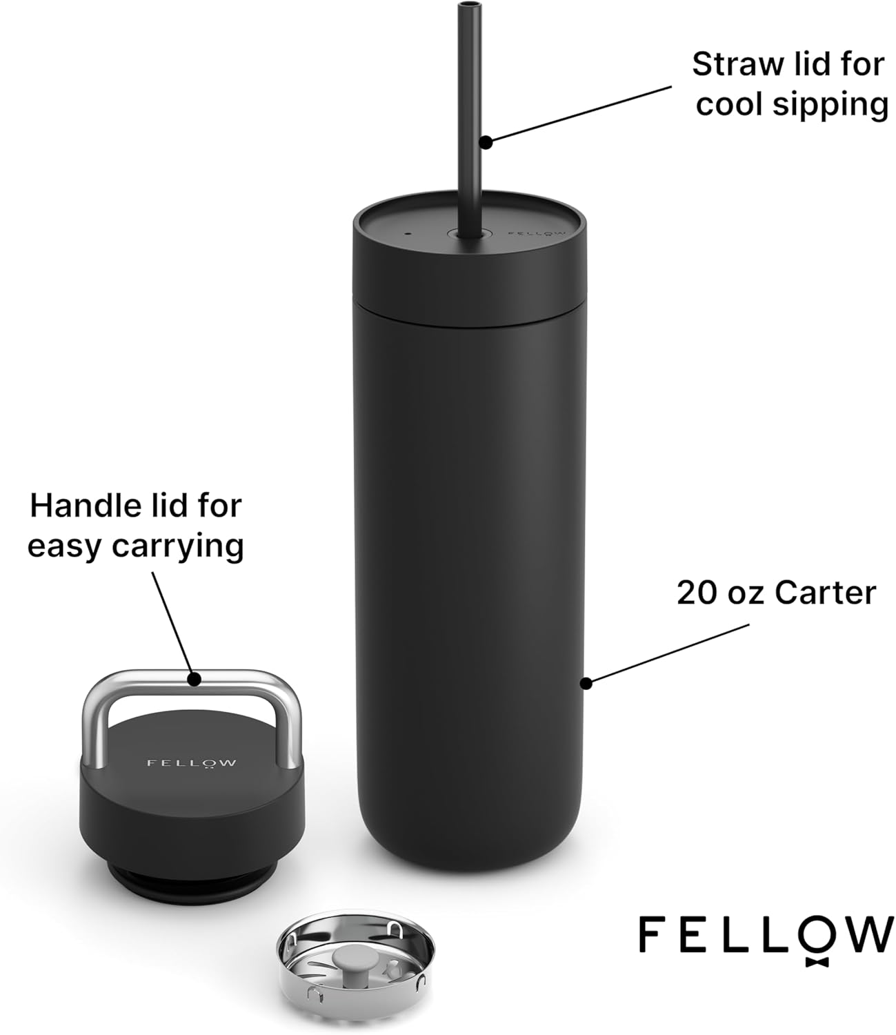Fellow 20 oz Carter Water Bottle with 2 Lids - Leak-Proof Lid with Metal Handle - Cold Lid with Straw - Ceramic Interior & Vacuum-Insulated Stainless Steel - Matte Black - Image 2