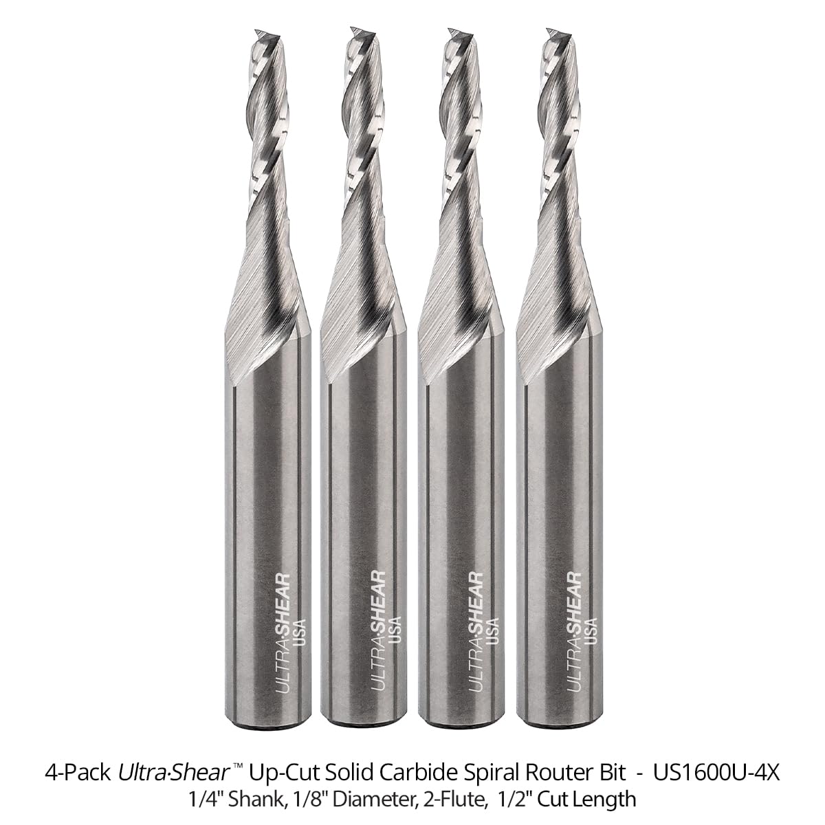 Punte per fresa in carburo solido, CD da 1/8", 1/4" SH, 1/2" CL, Up Cut, realizzate negli Stati Uniti, punta a spirale per CNC, router manuali e da tavolo (confezione da 4)