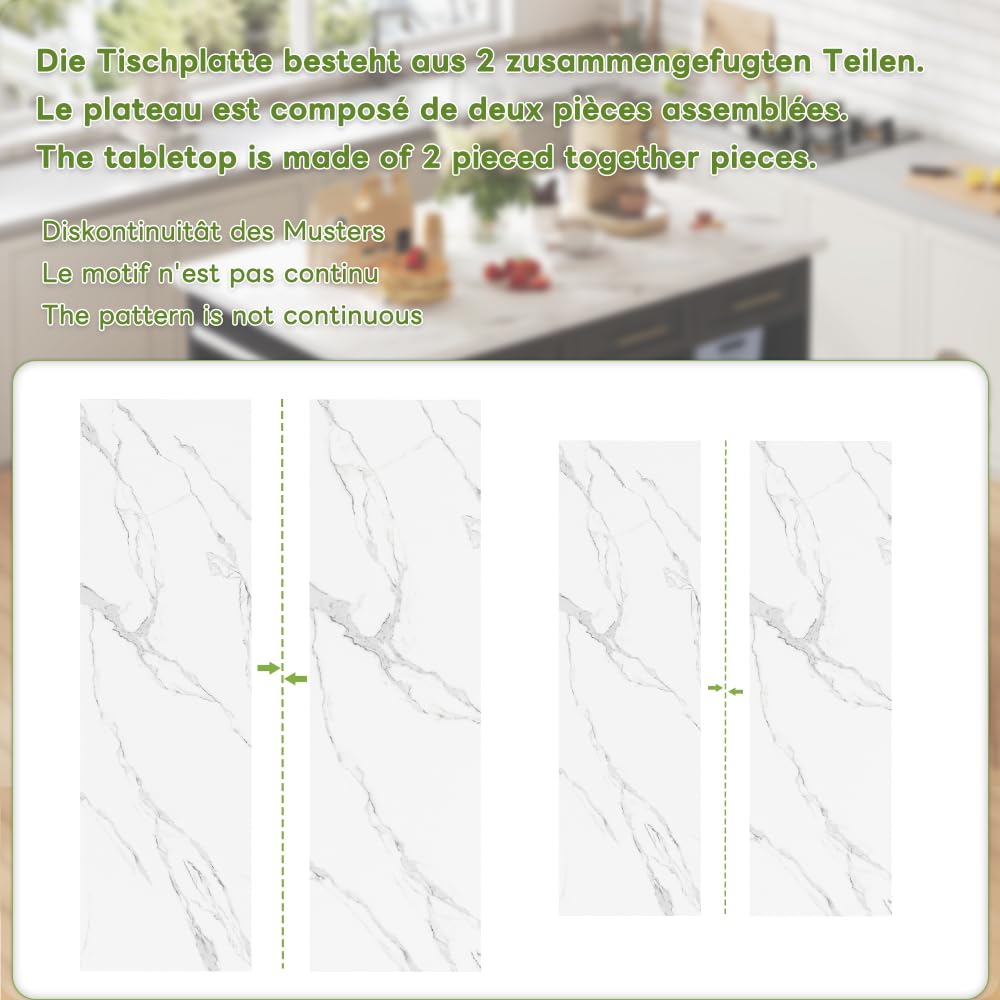 Isla de cocina multifuncional con mesa de comedor blanca extensible (150 cm + 96 cm), isla de cocina central con muebles de almacenamiento integrados, encimera de madera efecto mármol (negro)