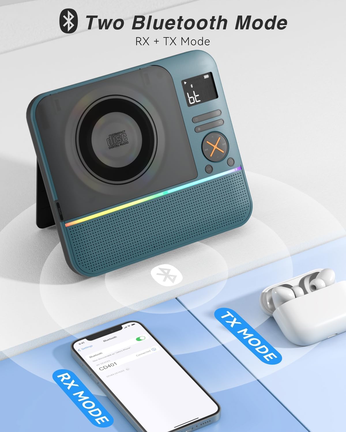 MONODEAL Bluetooth CD Player mit RGB Licht, Radio, Sleep Timer,HiFi Stereo | Wiederaufladbar Tragbarer CD Player