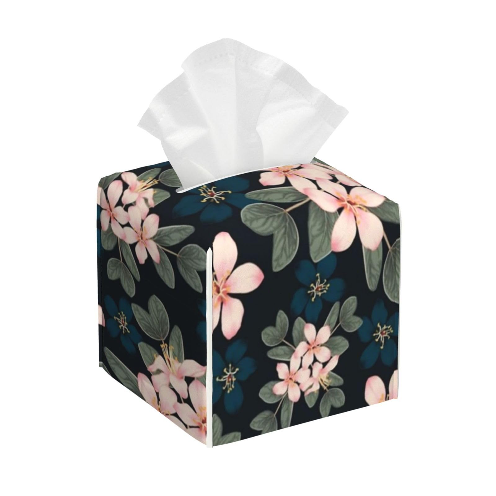Cherry Blossoms Flowers Pattern Tissue Box Cover 5" Square Leather Tissue Holder Facial Tissue Case for Tabletop Bedroom Bathroom Desk Decor