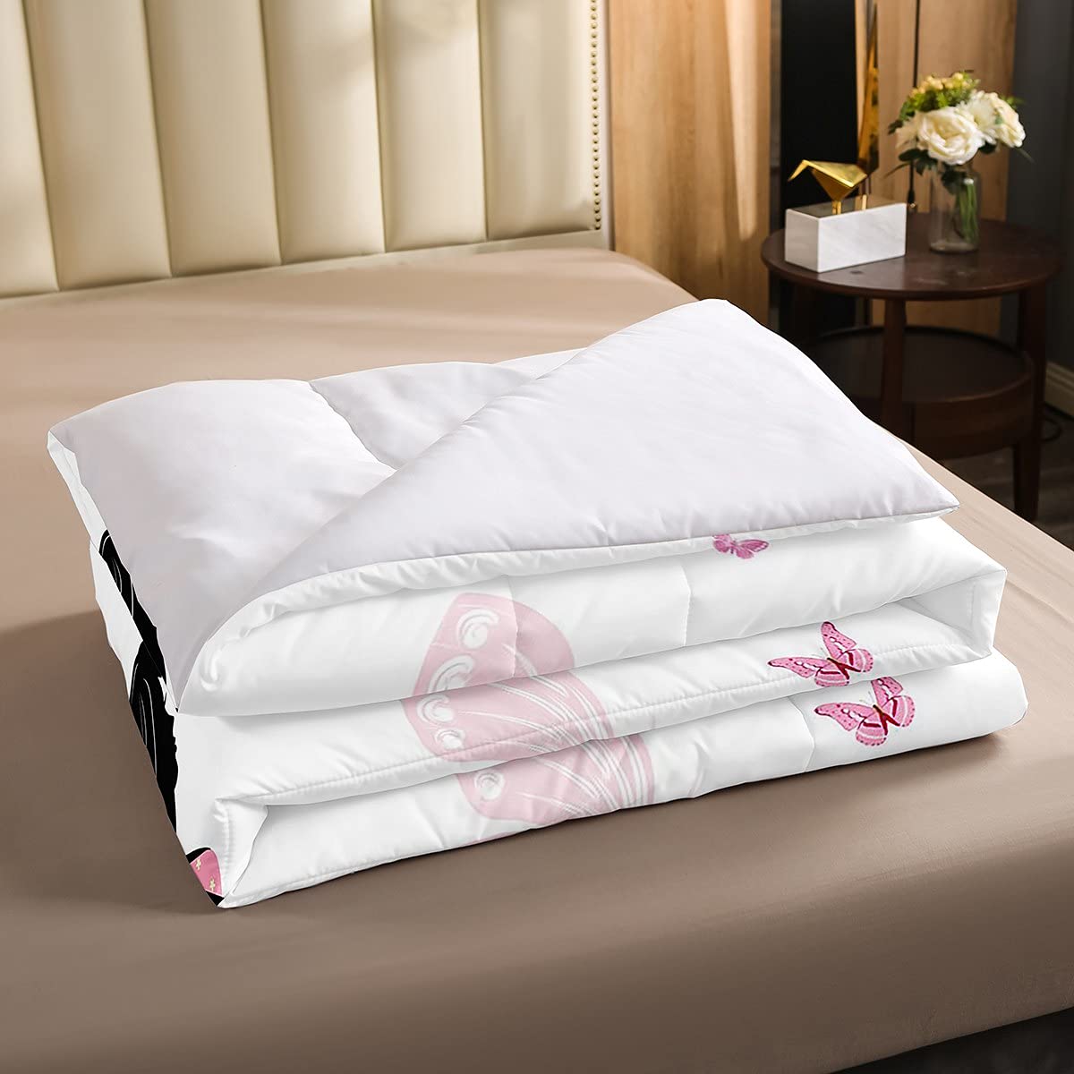 Juego de ropa de cama con diseño de mariposas, diseño de mariposas rosadas, colorido y floral para niña en bicicleta, juego de edredón romántico, 3 piezas, tamaño doble