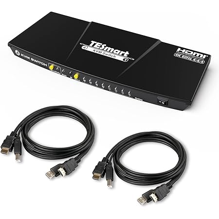 TESmart KVM Switch 4 Computers 1 Monitor, 4 Port HDMI KVM, UHD 4K@60Hz RGB 4:4:4, USB 2.0 Hub, Stereo Audio, Hotkey, Button Switching, Keyboard Mouse Monitor Switcher Box for PC Mac with 5ft Cables
