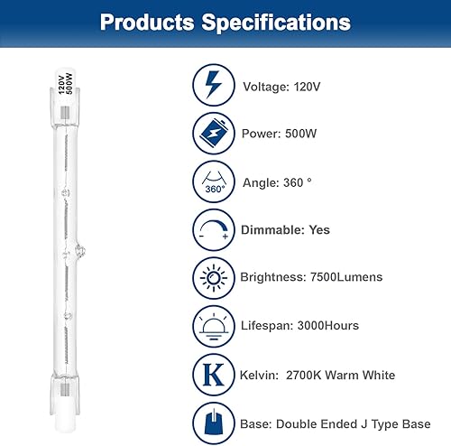 Miniatura 10 de R7S - Bombillas halógenas de 300 W, regulables, 120 V, 4.646 in, tipo T3 J, con larga vida útil, bombillas lineales de doble extremo blanco cálido