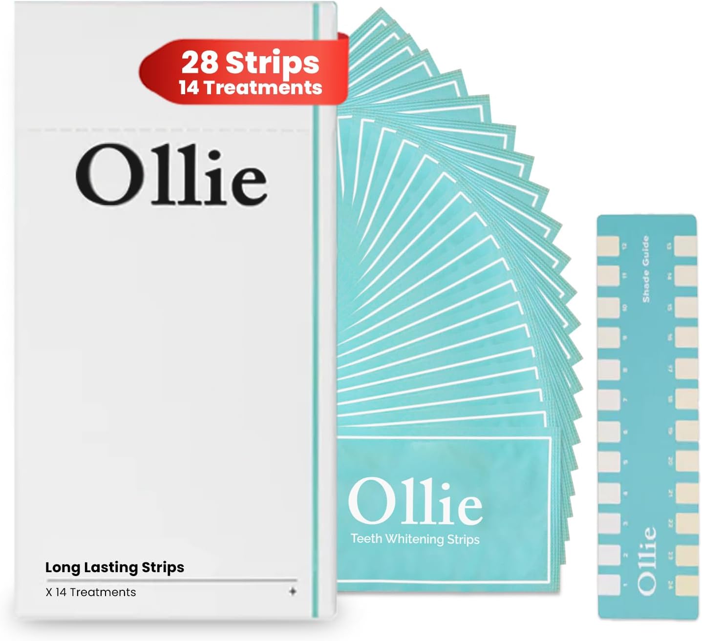 Ollie Teeth Whintening Strips, 28 PCs, 14 Treatments, Includes Shade Guide to Track Progress, Super Sticky Non - Sensitive White Strips for Teeth Whitening