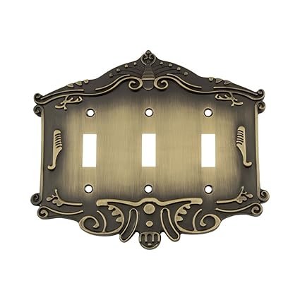 719724 Victorian Switch Plate with Triple Toggle, Antique Brass