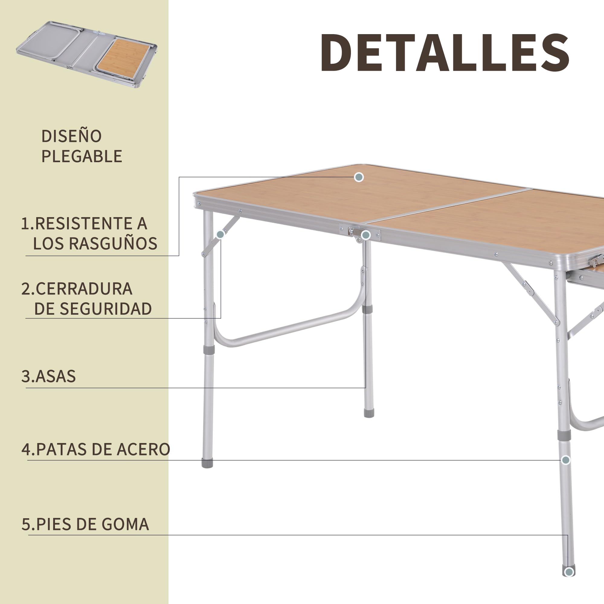 Outsunny Mesa Plegable de Camping Portátil con ala Abatible Mesa de Picnic de Encimera MDF Estructura Ligera de Aluminio Carga 30kg Altura Ajustable 153x60x39/71 cm