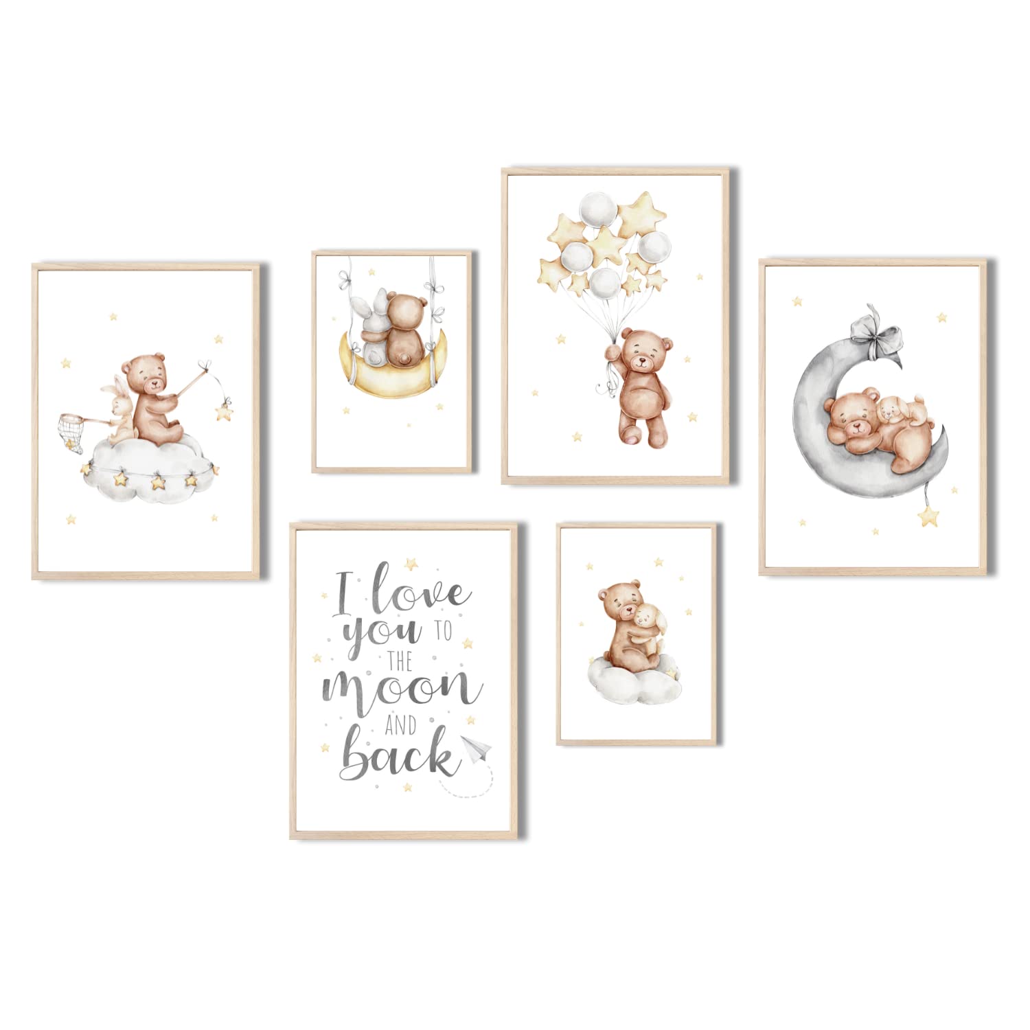 MeinBaby123® Poster Kinderzimmer | 6er Set DIN A4 Poster Set | Wandbilder mit Spruch | Regenbogen | Deko Kinderzimmer Mädchen und Jungen | Babyzimmer Deko (Sterne & Bär V1)