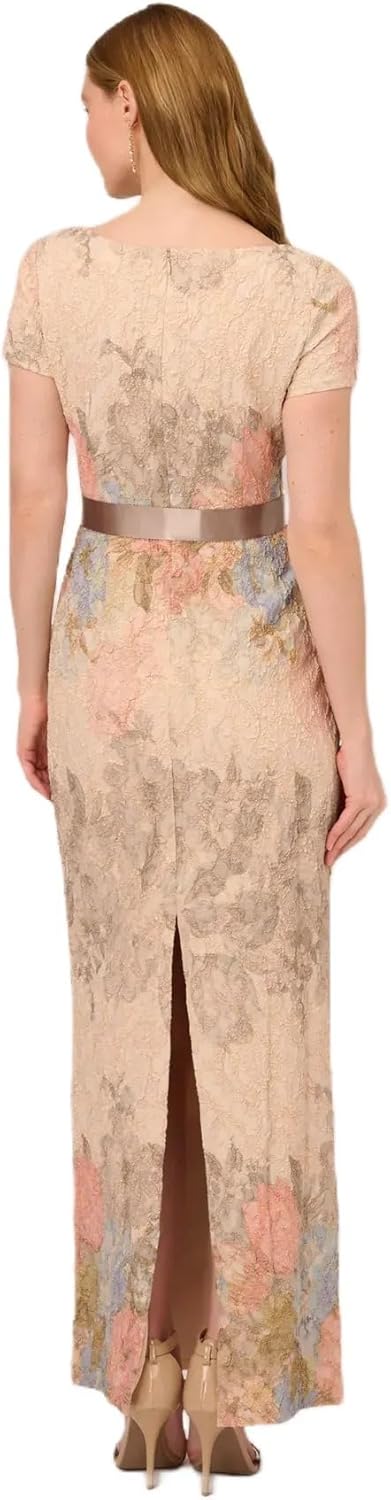 ADRIANNA PAPELL Women's Mateleasse Column Gown | Elegant Evening Gown with Floral Design, Back Slit & Cap Sleeves - Image 3