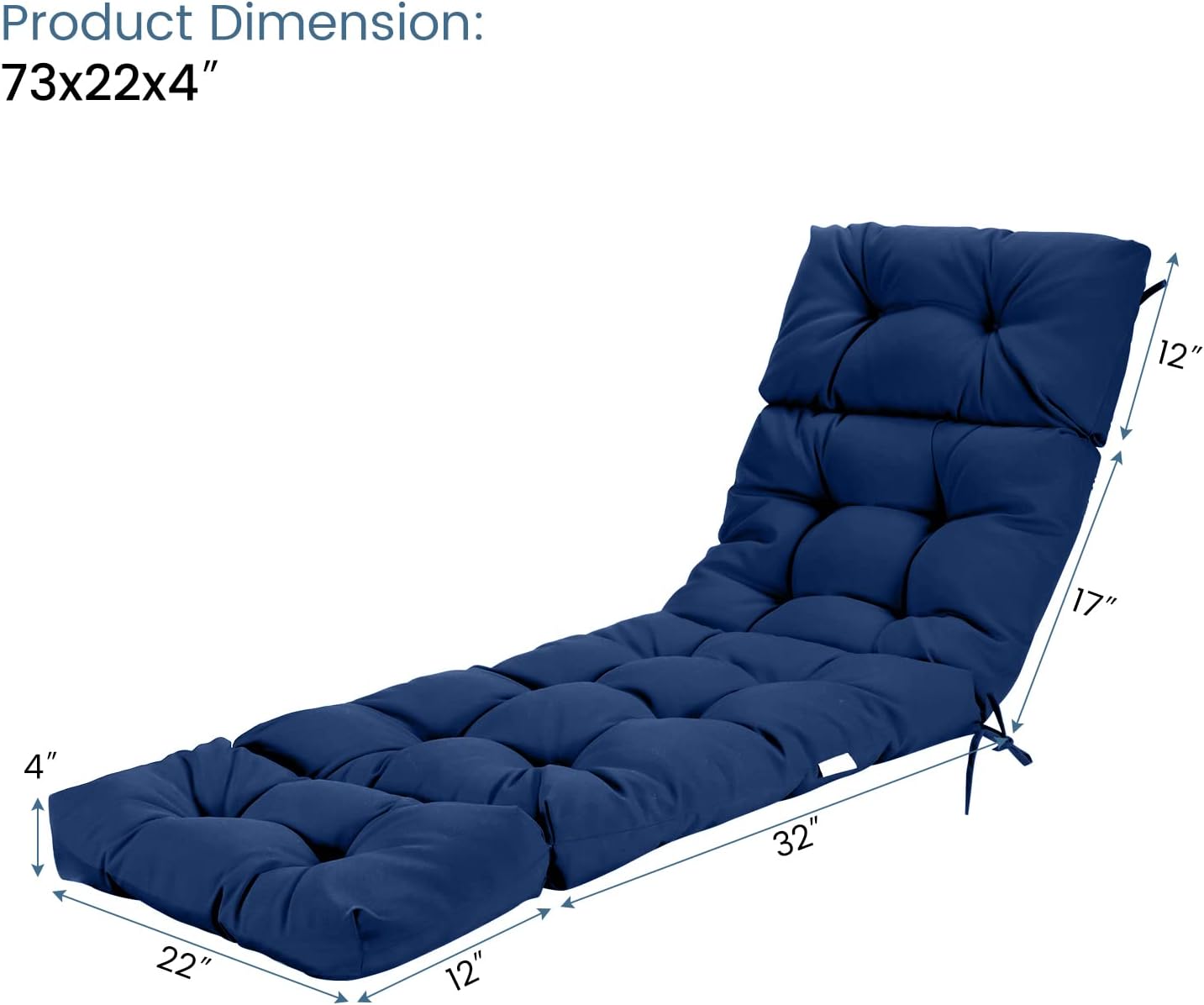 GRAFFY Patio Chaise Lounge Cushion, 72" x 22" x 4" Lounge Chair Cushion, Tufted Lounger Cushion with 4 String Ties, Thickened Oil-Proof, for Terrace, Poolside Outdoor Indoor (Navy)