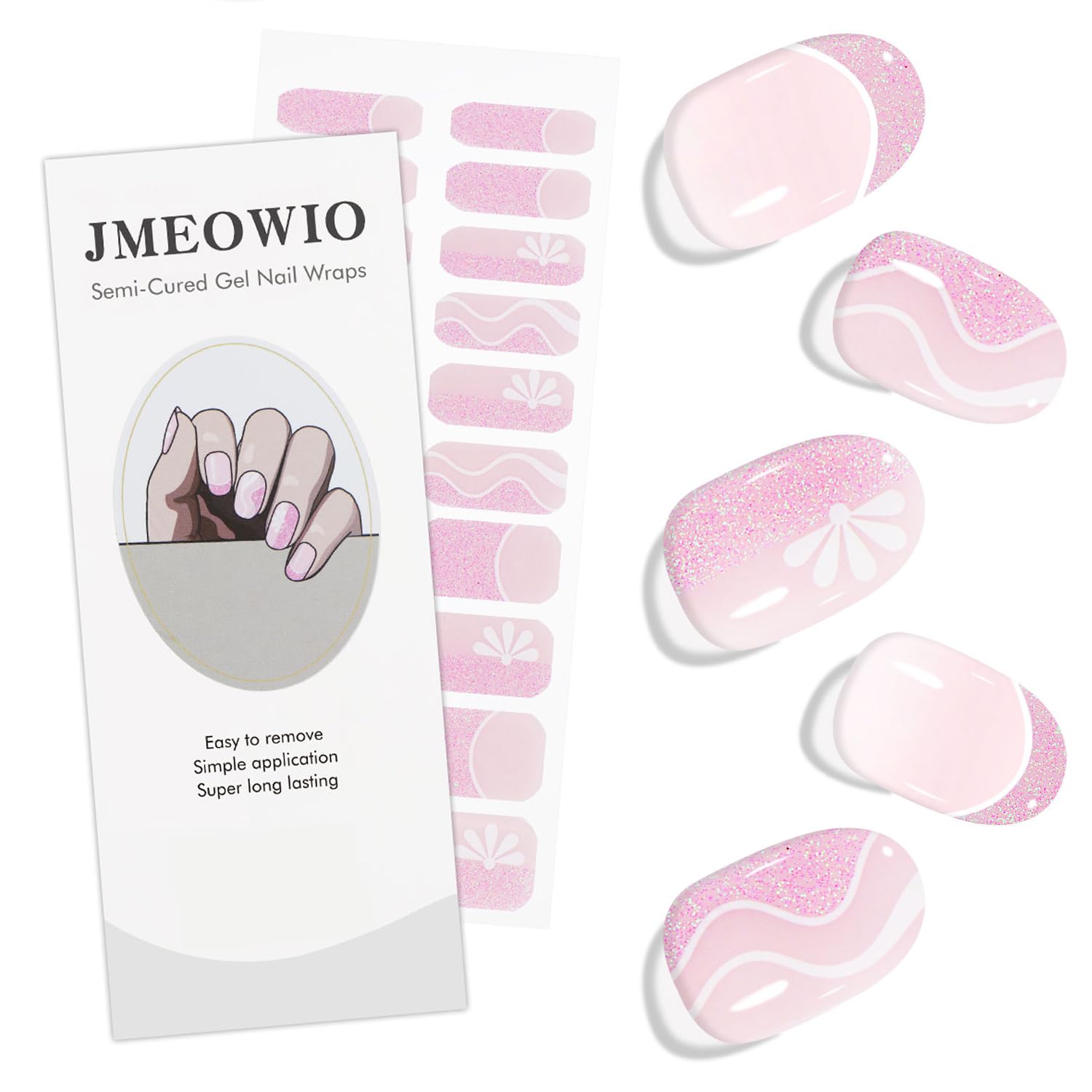 JMEOWIO Gel Nail Stickers Pink Glitter White Flower French Tip Semi Cured Gel Nail Strips Wraps UV/LED Nails Art Design Decoration Accessories