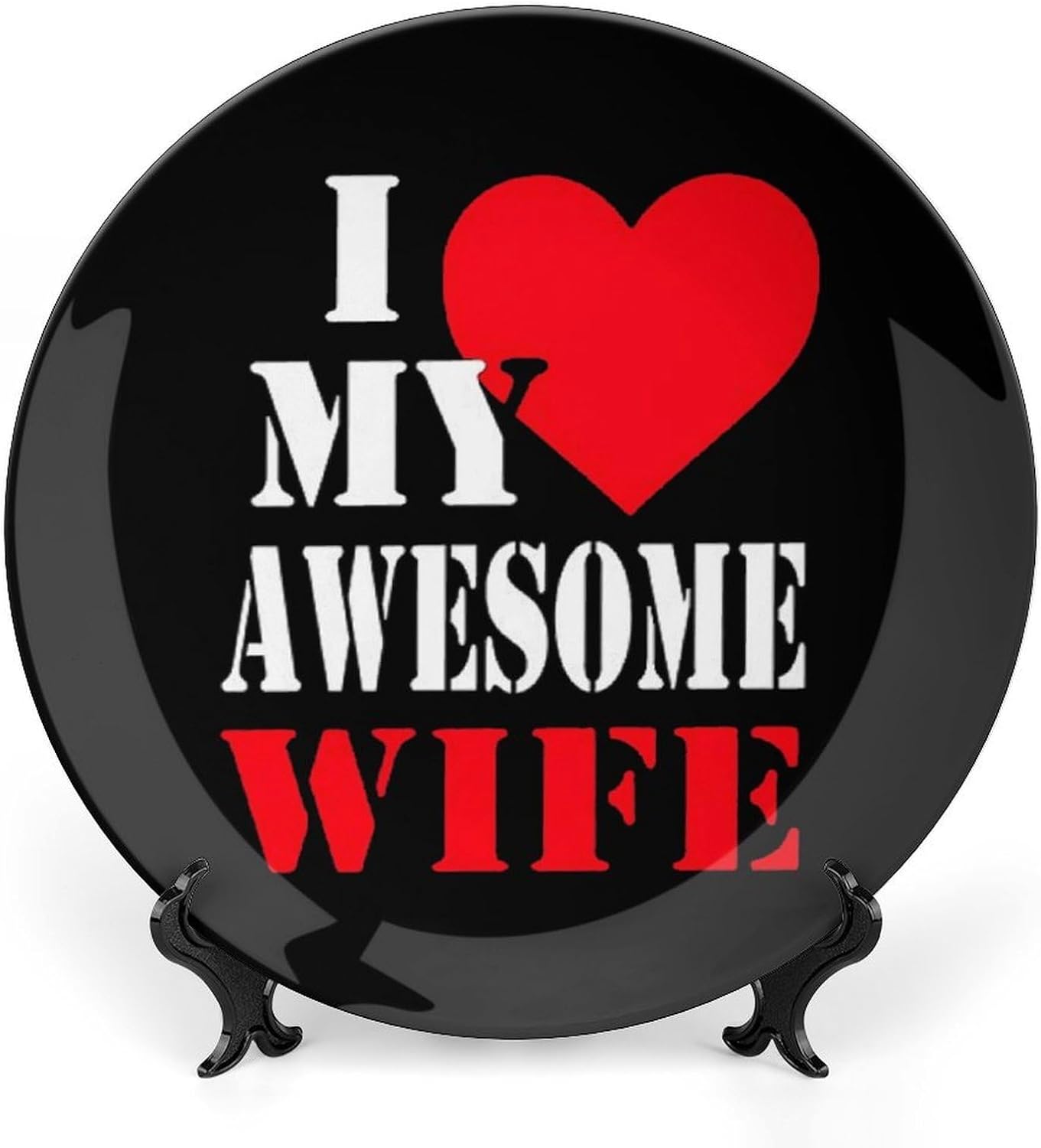 I Love My Awesome Wife Printed Decorative Plate with Display Stand Handmade Ceramic Ornament Hanging Wall Decor for Foyer Home Office