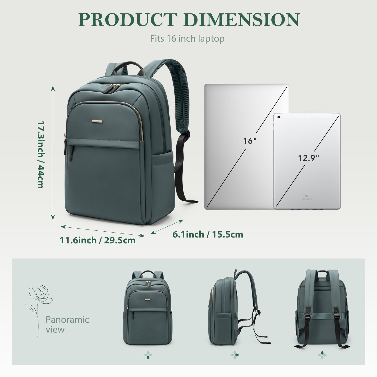 Mochila Para Ordenador Portátil Mujer, Grande Hombre Bolsa de Viaje, Laptop Backpack para Trabajo, Mochila Multicapa para Artículos Personales, 16 Pulgadas,Verde oscuro