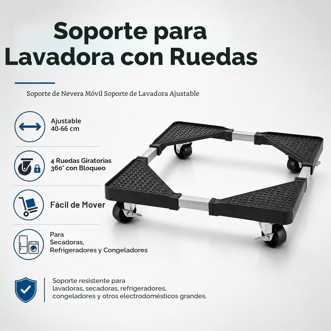 Soporte para lavadora con ruedas, soporte móvil para frigorífico, soporte ajustable para lavadora, base ajustable de 40 a 66 cm, para secadoras, frigoríficos