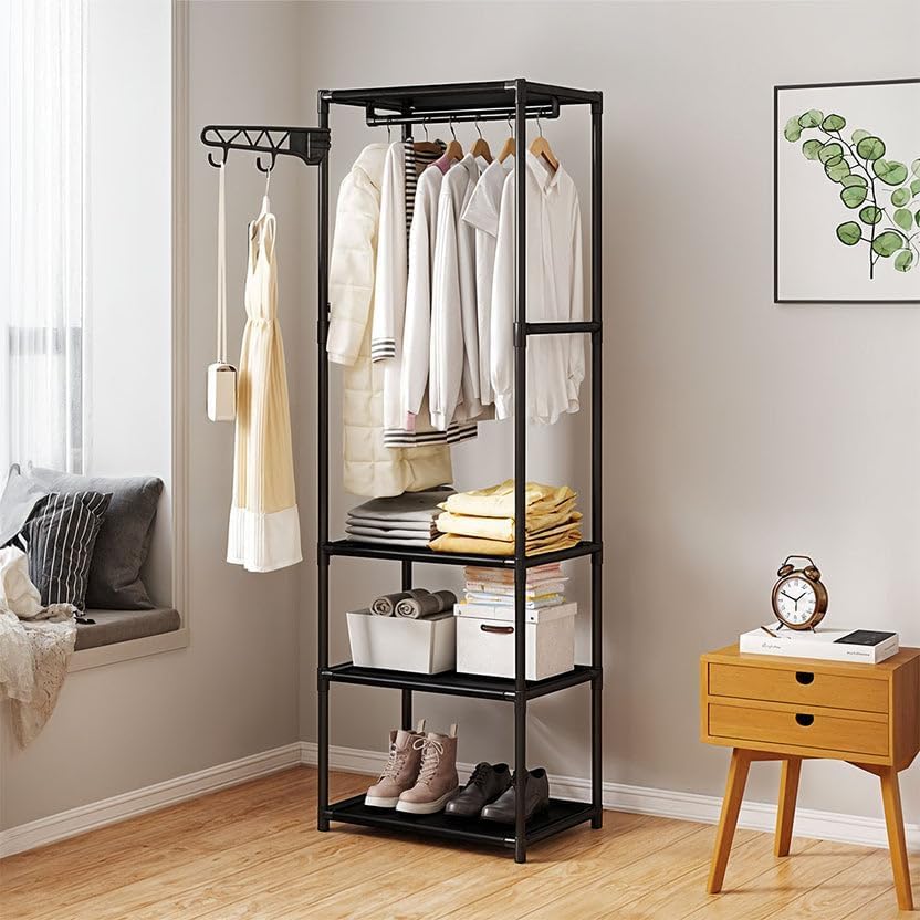 Image of AARKRI SALES 3-Tier Clothes Rack with Wheels, Double Hanging Rod Garment Rack, Multi-Layer Shoe Storage Organizer, Heavy Duty Metal Frame with Hooks for Bedroom Entryway (Black Garment Rack)