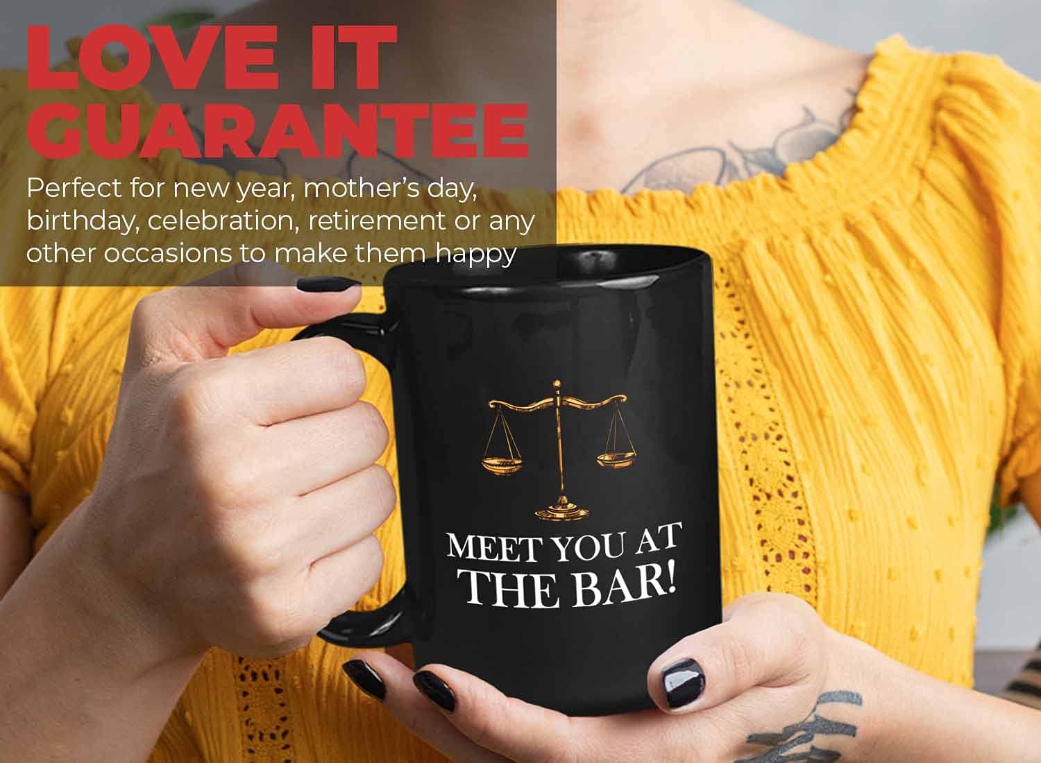 Bubble Hugs Lawyer Coffee Mug - Meet You at the Bar - Law Student Law School Attorney Advocate Law Grad Esquiire Cocktail Drinker Beverage 15oz Black