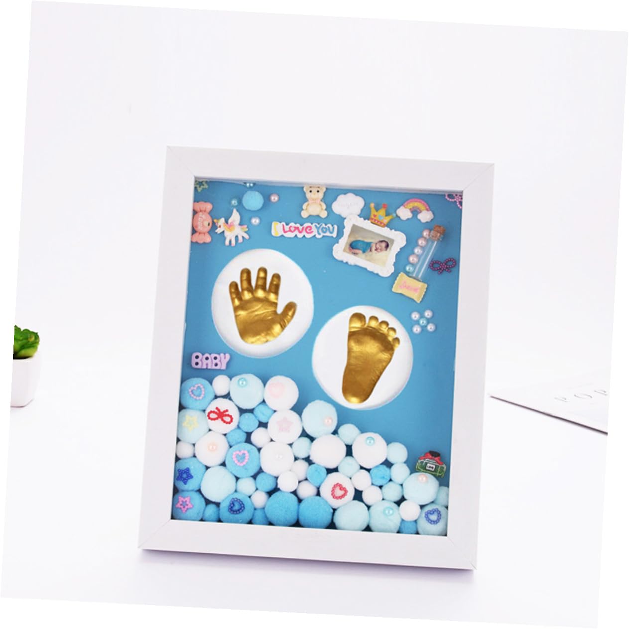 Hohopeti Set Cornice Impronte Mani e Piedi Ragazzo Ragazza Blu Medio in Acrilico Resistente per Shower e Compleanno, Kit Ricordo Materiali Sicuri e Scatola Completa per Genitori e Nonni