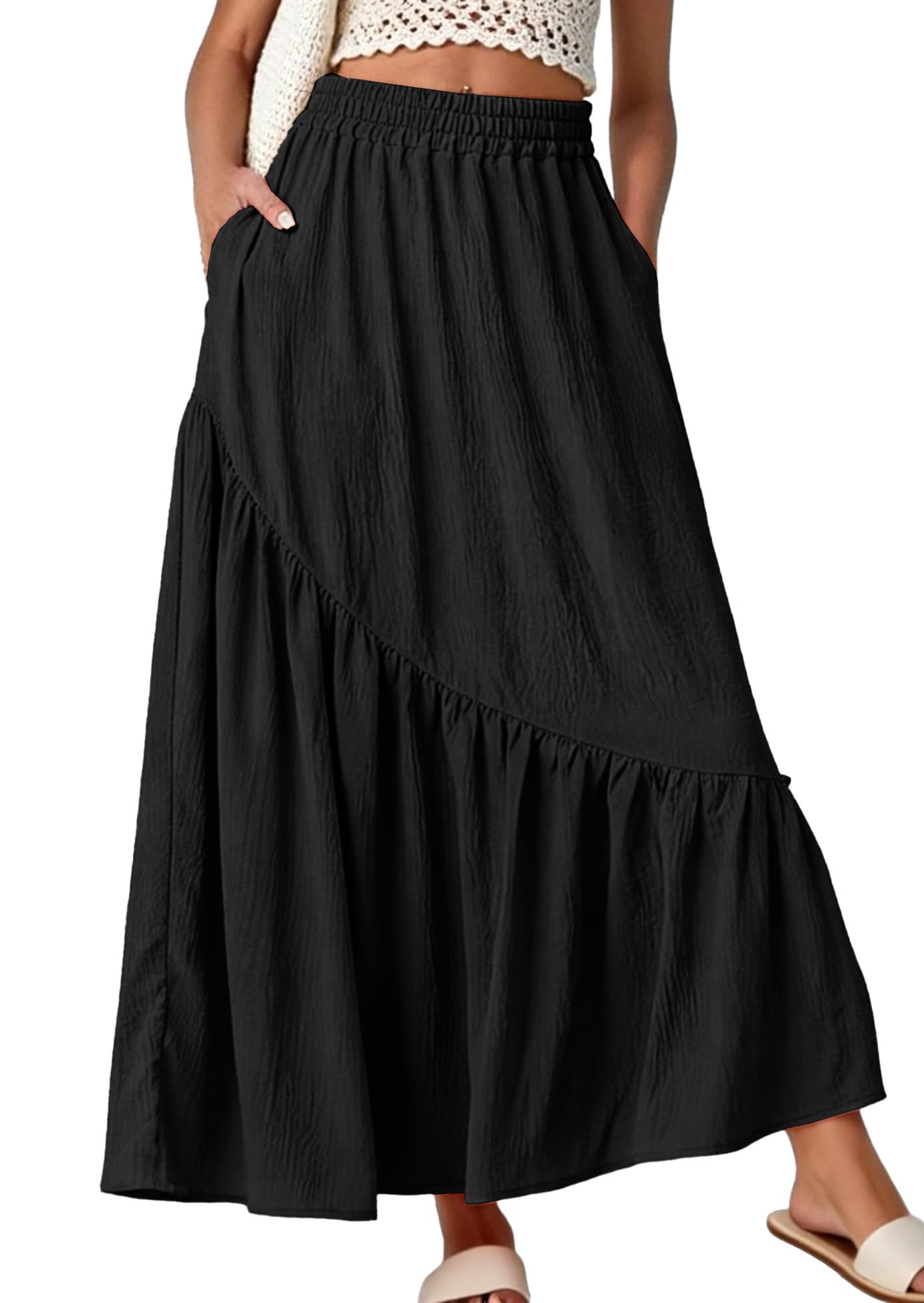 GRECERELLE Damska spódnica maxi, długie letnie spódnice dla kobiet, elastyczna talia, boho, zwiewna spódnica o linii A, z kieszeniami i falbankami, na wakacje i na co dzień
