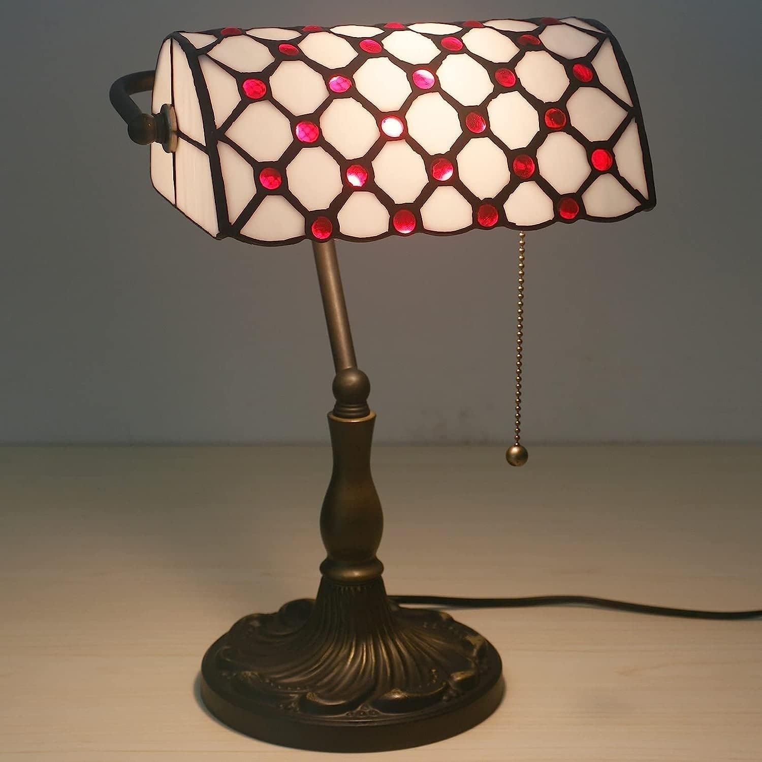 Bankiers Tischlampe, farbige Glaslampe, Kristallperlenschreibtischlampe, Schlafzimmer in der Nacht Leselampe (weißer rotes Glasperlen Schatten) Innovate