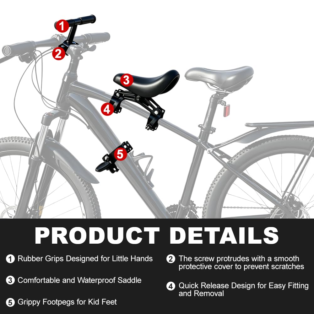Seggiolino Bici Anteriore, Seggiolino Anteriore Bici Bambini Pieghevole con Manubrio e Pedale, Seggiolino per Bici Anteriore Mountain Bike Portatile Amovibile per Bambini da 2 a 6 Anni