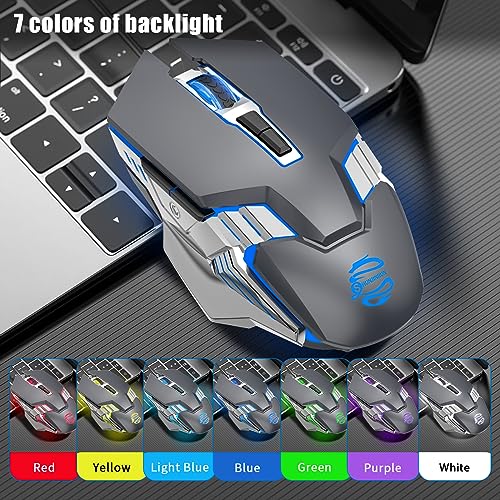 Image of Bluetooth Gaming Mouse, RGB Rechargeable USB Wireless Mouse, Quiet Click, LED Backlit, Ergonomic, with Side Button, 6 Button, DPI Adjustable, Computer Mice for Laptop PC MacBook Chromebook - Grey