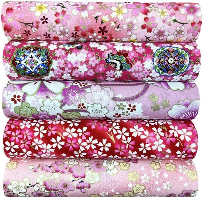 5PCS Japanese Style Fabric Squares Fat Quarters 7.87"x 9.84" Cotton Wrapping Cloth Quilting Fabric Bundles for DIY Patchwork Sewing (Pink)