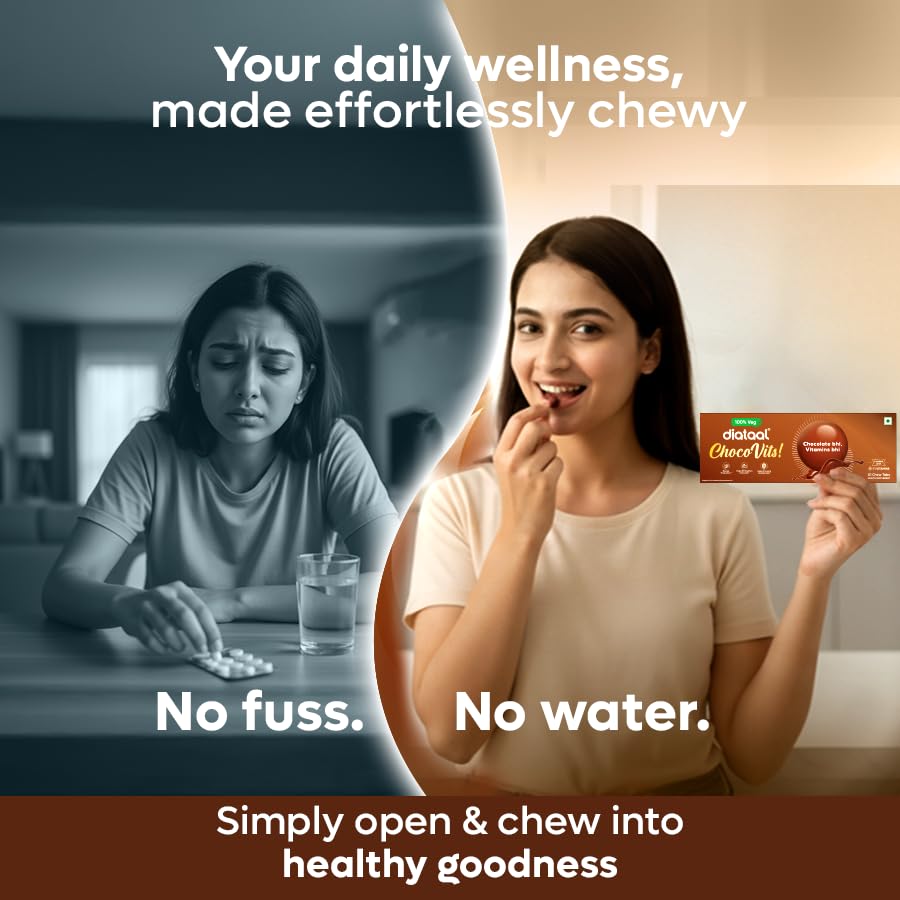 Image of Diataal ChocoVits Veg Chewable Multivitamin | 10 Chocolaty Tabs with 11 Essential Vitamins | Power of B-complex vitamins, B12, D3, Nicotinamide, Vitamin A, C & E for Energy | Immunity | Healthy Skin.