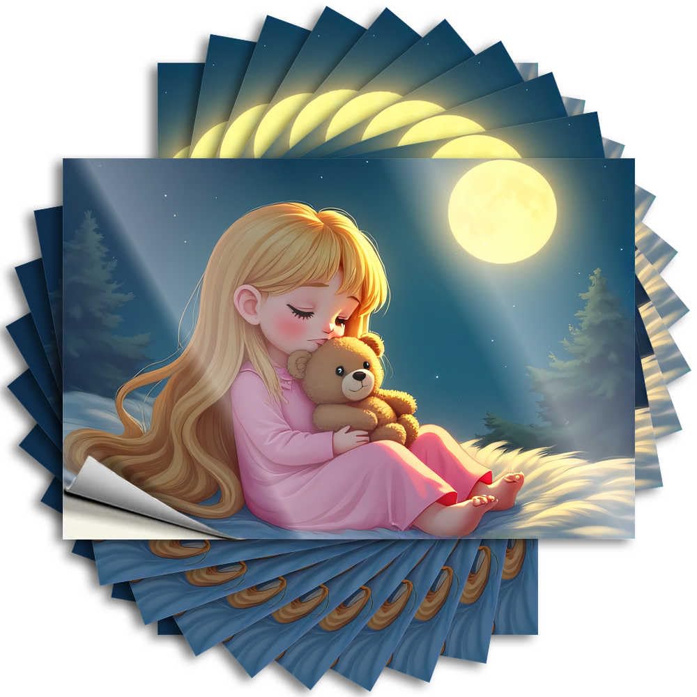 Sticker - Winter Cover Girl with Teddy Bear Under The Moonlight for Antimicrobial Stuff(12X18CM)