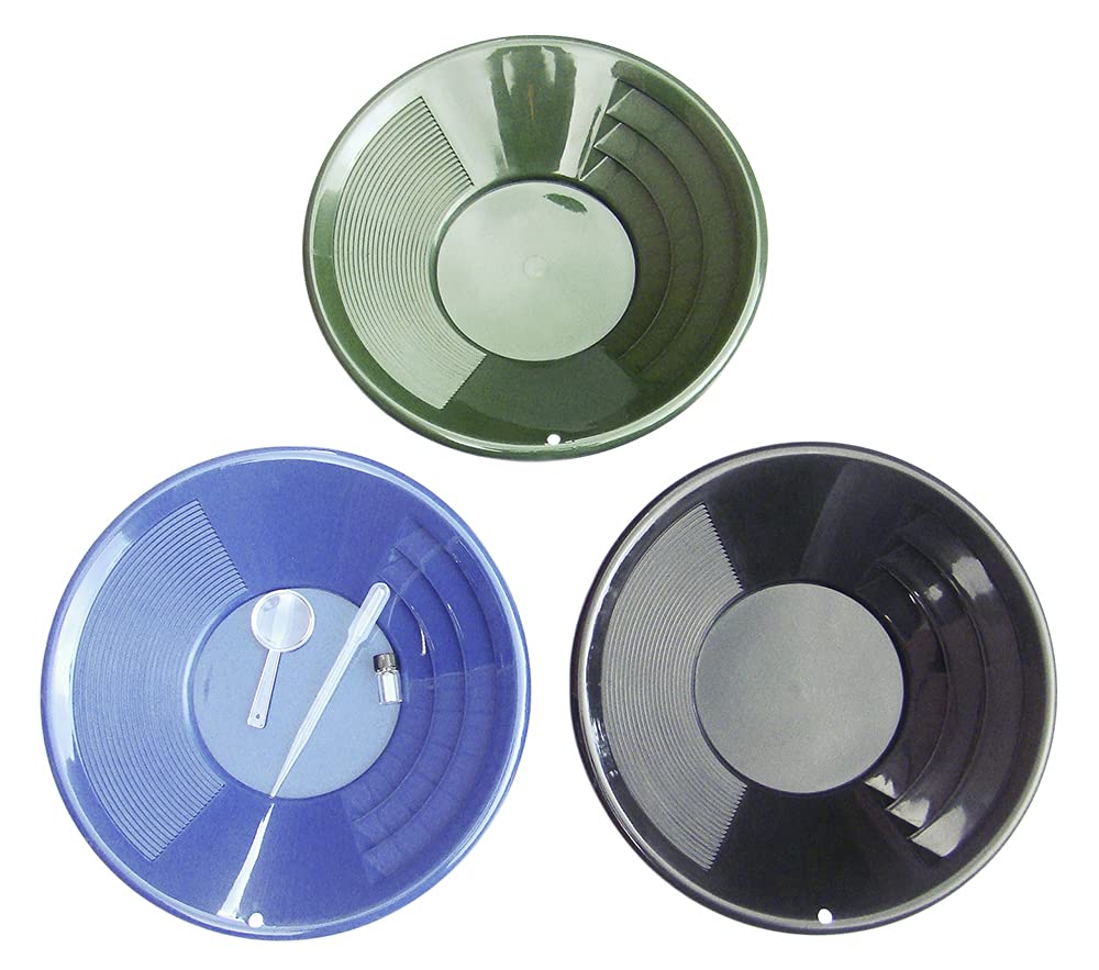 Make Your Own Gold Bars 3-12 in Gold Pans Blue,Green & Black + Bubble Snuffer, Glass Vial & Magnifier