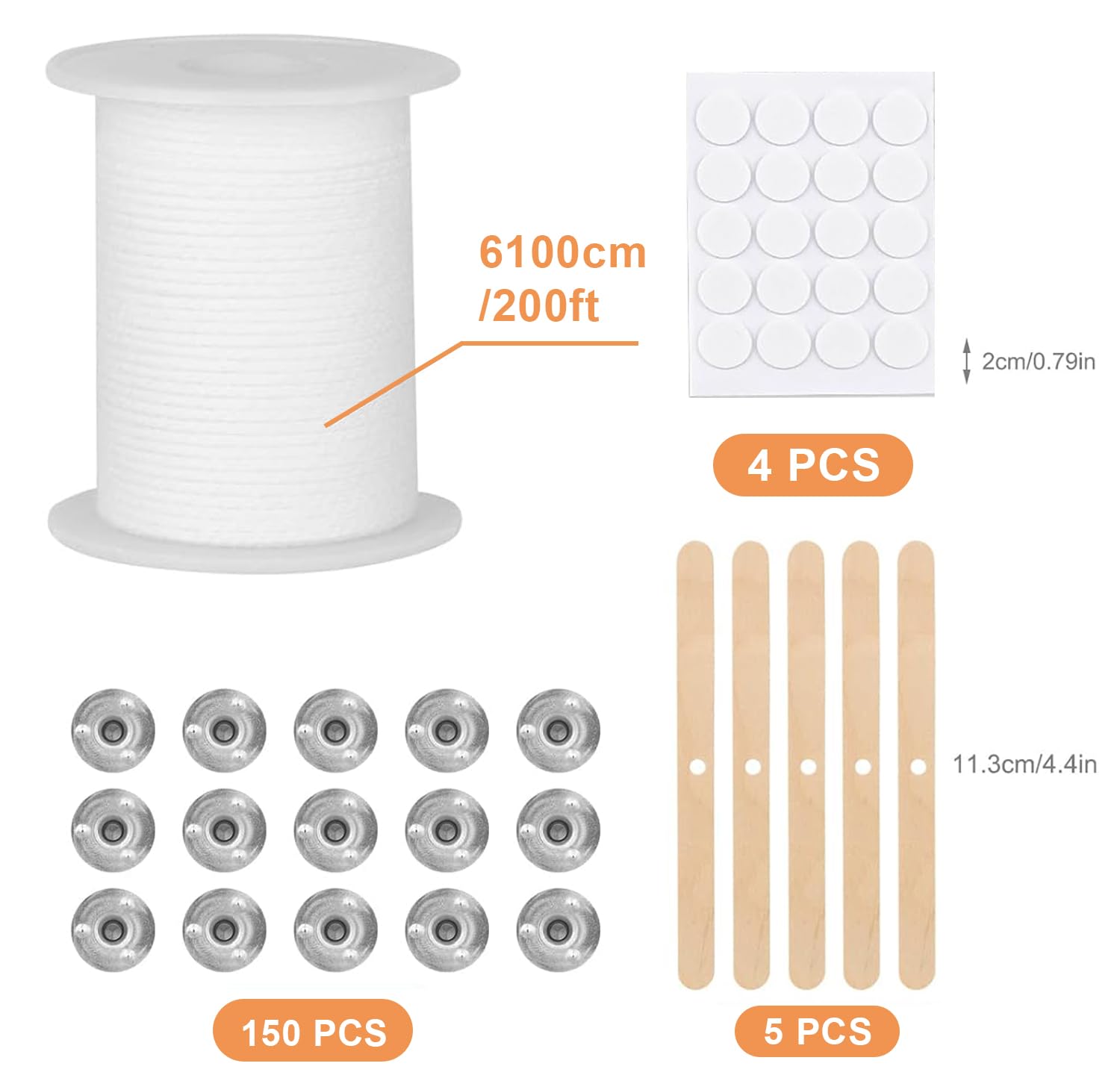 Kit De Mèches De Bougie, 100 Mèches De Bougie Avec 100 Autocollants Pour Mèche De Bougie, 5 Dispositifs De Centrage En Bois Pour La Fabrication De Bougies (15 Cm