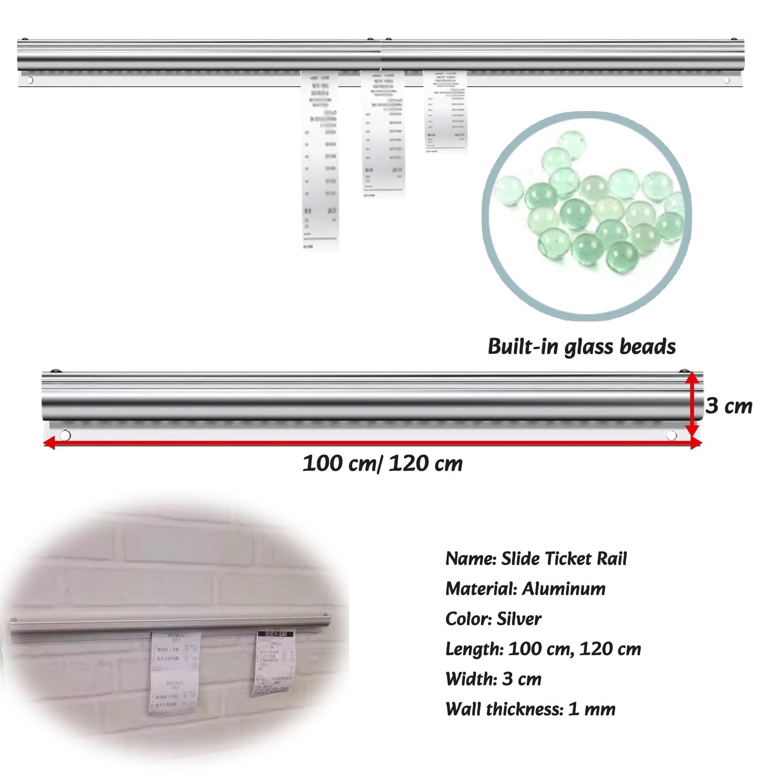 comandero hosteleria Recibo De Pedido, Riel, Paquete De 2, Paquete De 3, Paquete De 4, Tira Para Tickets De Restaurante De 100 Cm Y 120 Cm, Estante De Aluminio Para Cafeterías Y Pubs(3 pack,L 100 cm)
