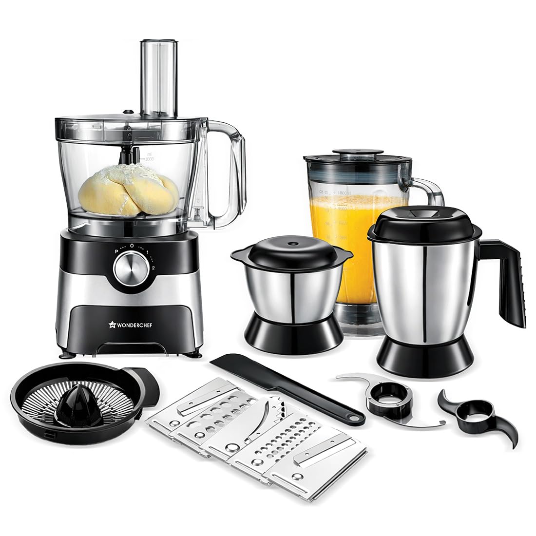 Wonderchef Regal 1000W Food Processor Mixer Grinder Citrus Juicer for Home and Kitchen, 4 Jars, 9-in-1 for Slicing, Shredding, Chopping, Kneading, Blending, Grinding, In-built Storage, 5-Yr Warranty