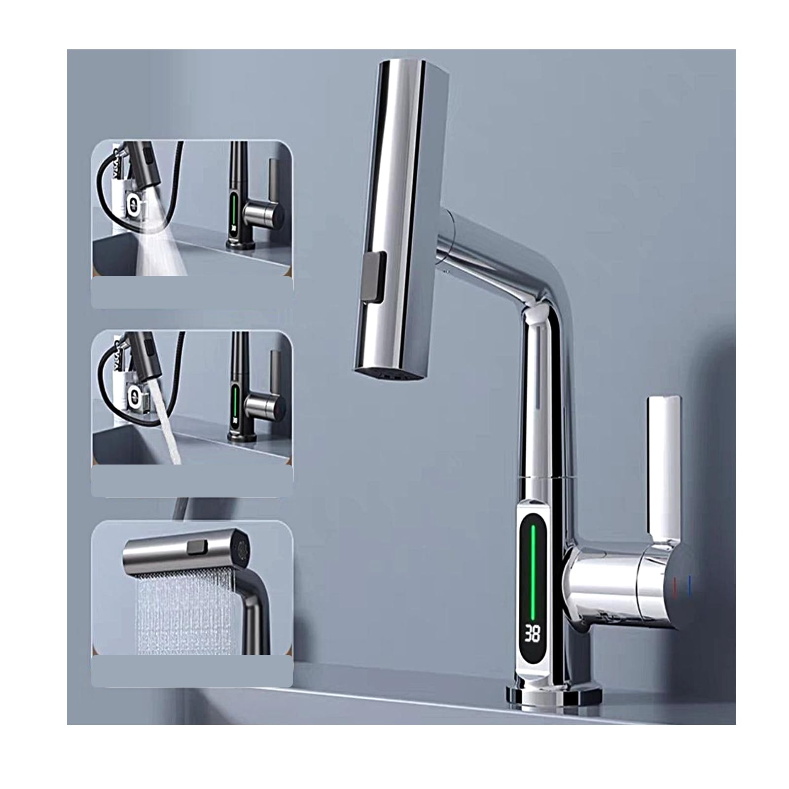 Yadzisw Silver Digital Display Pull-Out Sink Faucet With Pull Down Sprayer For Modern Kitchen Convenience