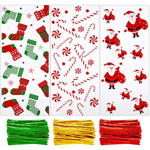 150 Bolsas de Dulces Transparentes Bolsas de Celofán de Navidad con Patrones de Medias de Navidad Bastón de Caramelo Papá Noel y 150 Precintos, 3 Estilos