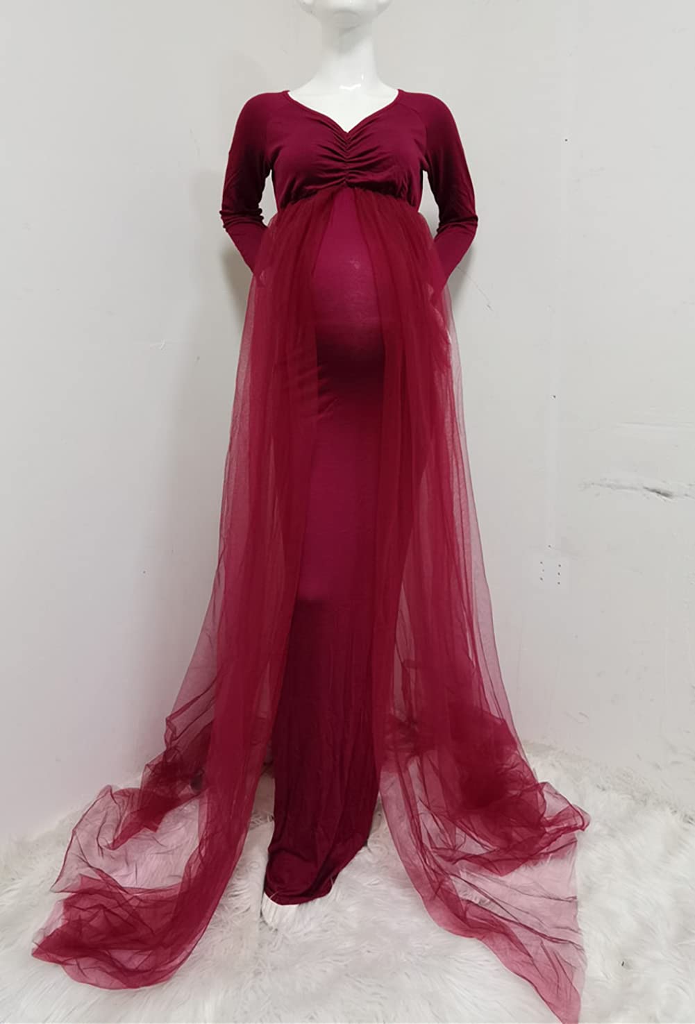 CFWSHJ Abito Premaman con Spalle Scoperte in Tulle per Servizio Fotografico, Abito Aderente a Maniche Lunghe per Baby Shower