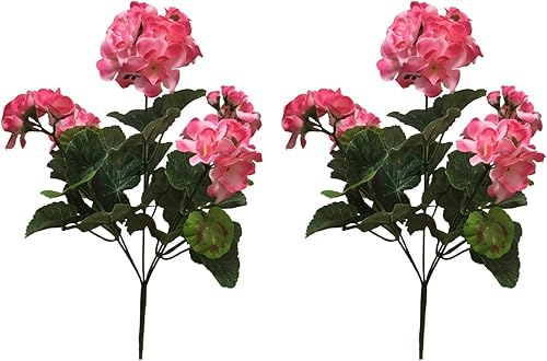 Arbusto de geranios artificiales de seda realistas para macetas al aire libre, tumbas de cementerio y memoriales, arreglos (2, rosa)