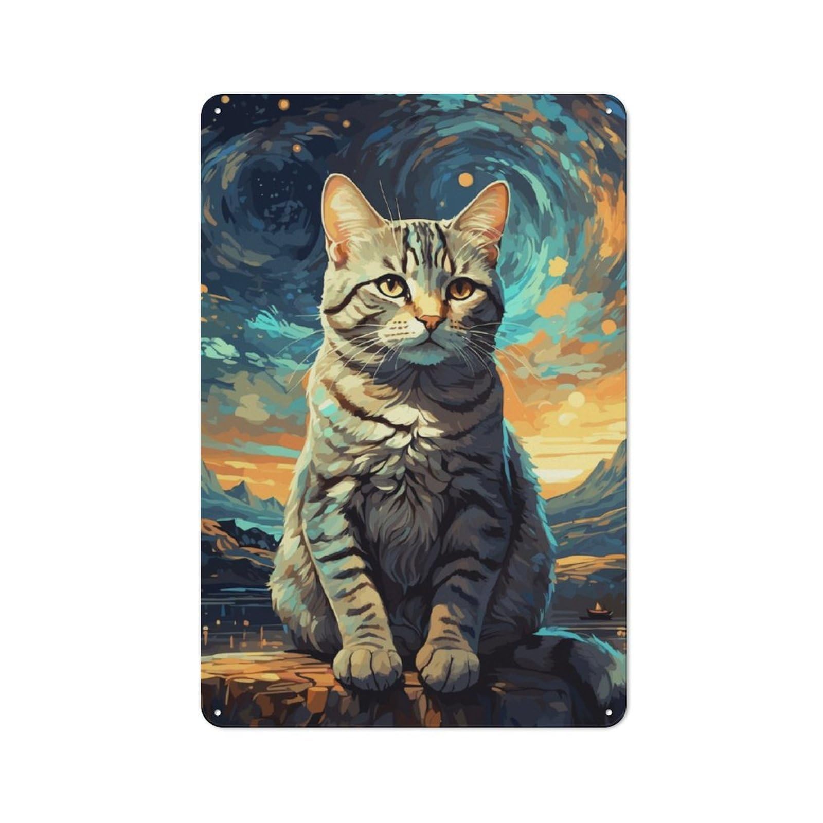 Junmoney Cat Starry Night Tin Wall Plaque 30X20cm, Rustic Cottage Wall Art For Dining Room, Cafe, Entryway Or Family Room